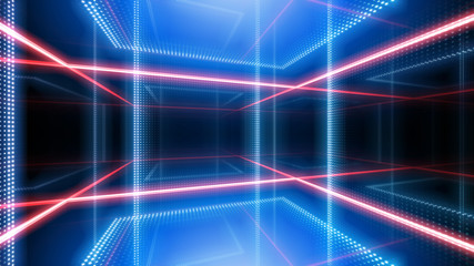 Disco club space illumination neon light room floor wall 3D illustration abstract background