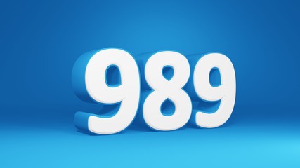 Number 989 in white on light blue background, isolated number 3d render