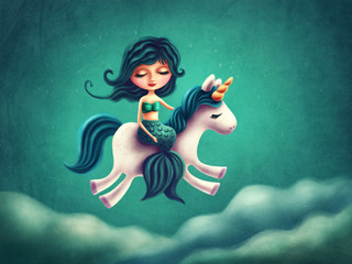 Little mermaid girl with unicorn © Elena Schweitzer