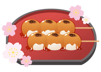 みたらし団子と赤いお盆と桜