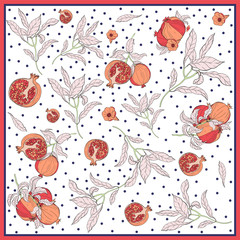 Silk scarf with pomegranate branch with fruits and flowers. Card, bandana print, kerchief design, napkin, wedding invitation, birthday, fabric, healfy food, scrapbook. Ready for print.