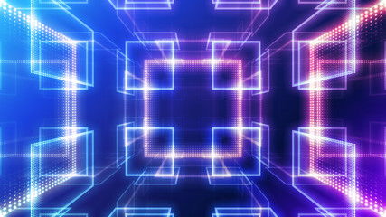 Disco club space illumination neon light room floor wall 3D illustration abstract background