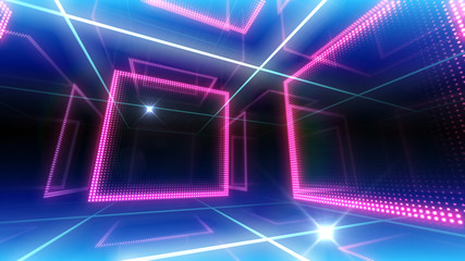 Disco club space illumination neon light room floor wall 3D illustration abstract background