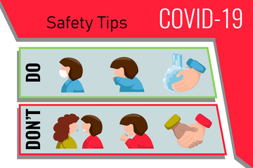 COVID-19 or coronavirus safety tips vector banner. Public space policy against covid pandemic. Coronavirus epidemic prevention