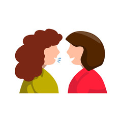 Two women speaking at a short distance, colorful vector icon on white background. Keeping social distance