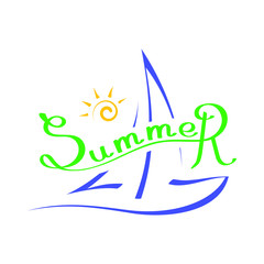 Brush lettering colorful composition of summer vacation with handwritten sailboat and doodle sun on white background. Typography design. Vector illustration, EPS 10.