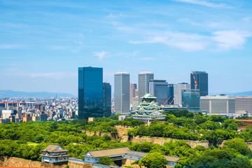 Aerial view of Castle Park in Osaka, Japan with modern skyscrapers