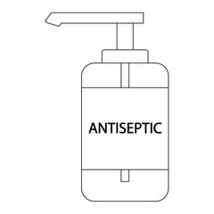 A bottle of antiseptic outline drawing.Black and white image isolated on a white background.Protection from the virus.Prevention of coronavirus.Vector image.
