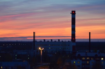  Orange sunset, colorful sky. The clouds. Electric tower.
