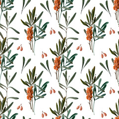 Watercolor seamless pattern with berries, twigs and leaves of sea buckthorn