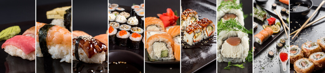 Collage of various sushi on black background
