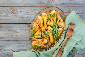 Grilled, baked, roasted chicken legs with rosemary and thyme