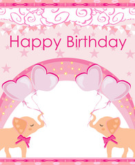 pink birthday card with cute elephants