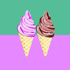 ice cream cone set with pastel background. Tasty colorful ice cream for summer decorative, strawberry, cherry, chocolate, sweets, dessert, web design or print. Vector Illustration.