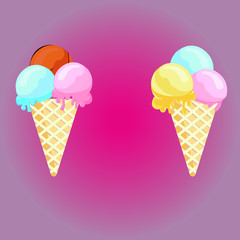 ice cream cone set with pink background. Tasty colorful ice cream for summer decorative, mint, strawberry, vanilla, chocolate, sweets, dessert, web design or print. Vector Illustration.