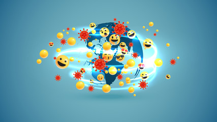 Different yellow emoticons and bubbles around the globe with light swirls and coronavirus, vector illustration