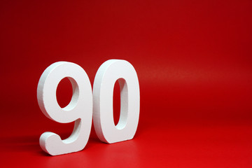 Ninety ( 90 ) white wooden  Isolated Red Background with Copy Space - New promotion 90% Percentage ...