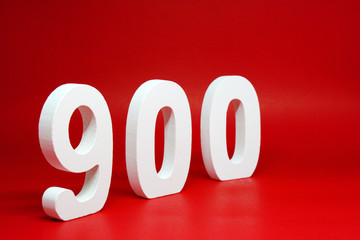 Nine Hundred ( 900 ) white wooden  Isolated Red Background with Copy Space - New promotion 900%...