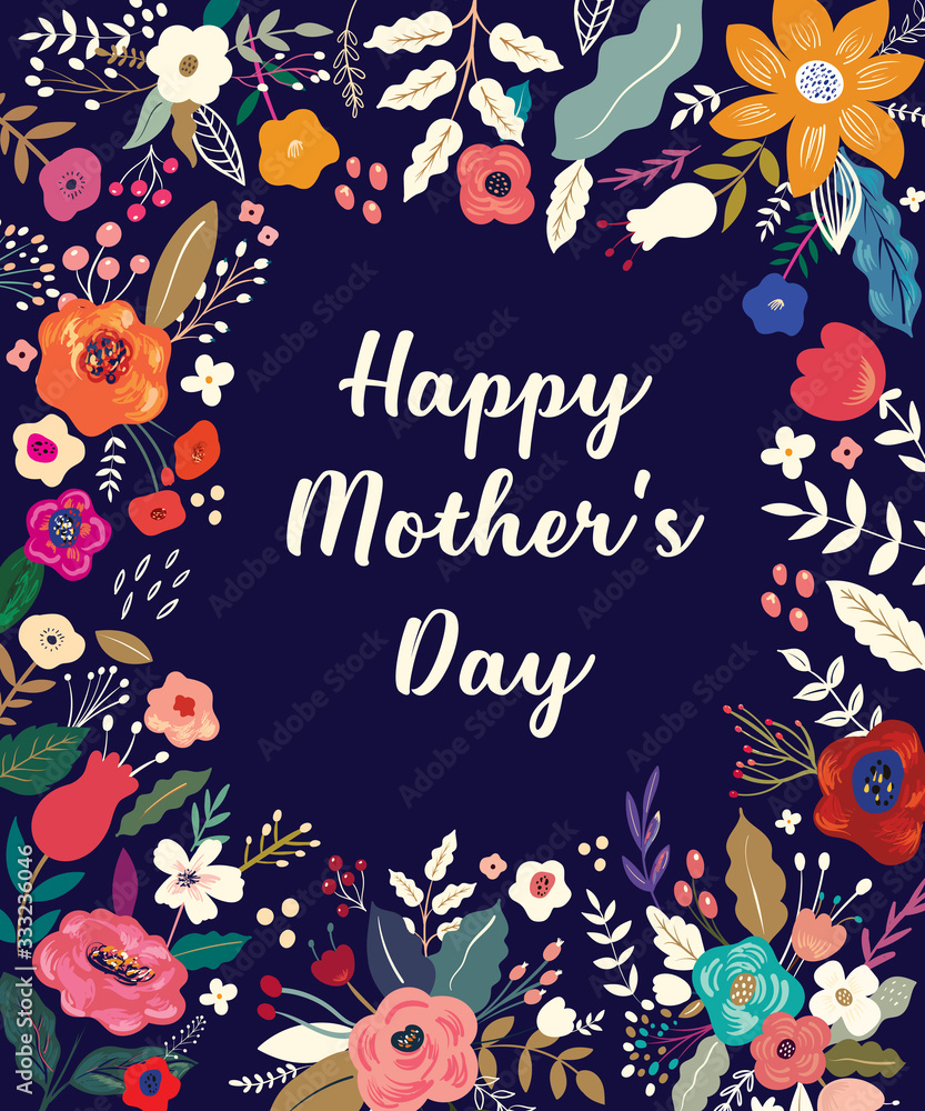 Wall mural happy mothers day greeting illustration with colorful spring flowers. happy mothers day template, in