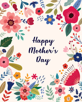 Fototapeta Happy Mothers Day greeting illustration with colorful spring flowers. Happy Mothers Day template, invitation