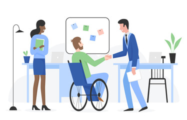 Man with special needs in wheelchair gets job flat character vector illustration. Positive touchable situation with smiling people in company office. Career and employment of disabled person concept