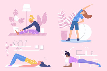 Active sportive girls do morning exercises, fitness at home character flat vector illustration set. Young slim women training, bend, do plank at comfortable interior. Healthy lifestyle concepts