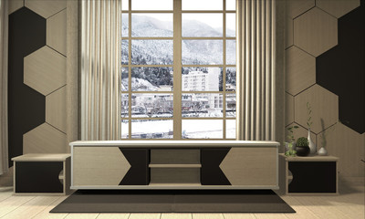 wooden cabinet with wooden hexagon tiles on the wall and views on the window that can be edited. .3D rendering