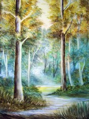 Art painting Hand drawn Watercolor with Forest, trees, pathway from thailand