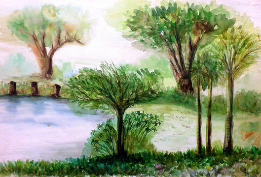 Art painting  tree  Abstract Watercolor thailand , Countryside 