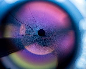 Beautiful objective lens of photo camera with purple light on glass close up. Background pattern