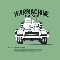 Obraz premium War machine and armored vehicle isolated outline drawing vector illustration. 