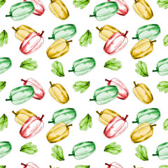 Graphic drawing a set pattern of fresh vegetables. A set of organic vegetables ppepers with salad on a white background. 