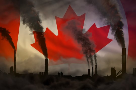 Dark Pollution, Fight Against Climate Change Concept - Factory Pipes Dense Smoke On Canada Flag Background - Industrial 3D Illustration