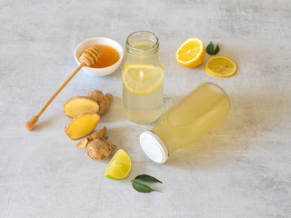 Antiviral drink with lemon, honey and ginger root, strengthening of immunity concept