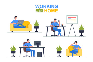 Working at home. Man freelancer working on laptop and computer, phone, tablet. Flat Style