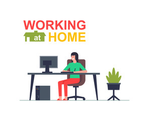 Freelancer Woman working on his computer. Working at home. Flat Style