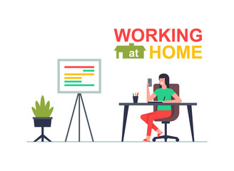 Freelancer Woman working on his phone. Working at home. Flat Style