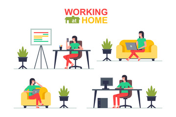 Working at home. Woman freelancer working on laptop and computer, phone, tablet. Flat Style