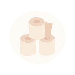 Three rolls of toilet paper laid out in a pyramid on circle background. Flat vector hand drawn isolated illustration.