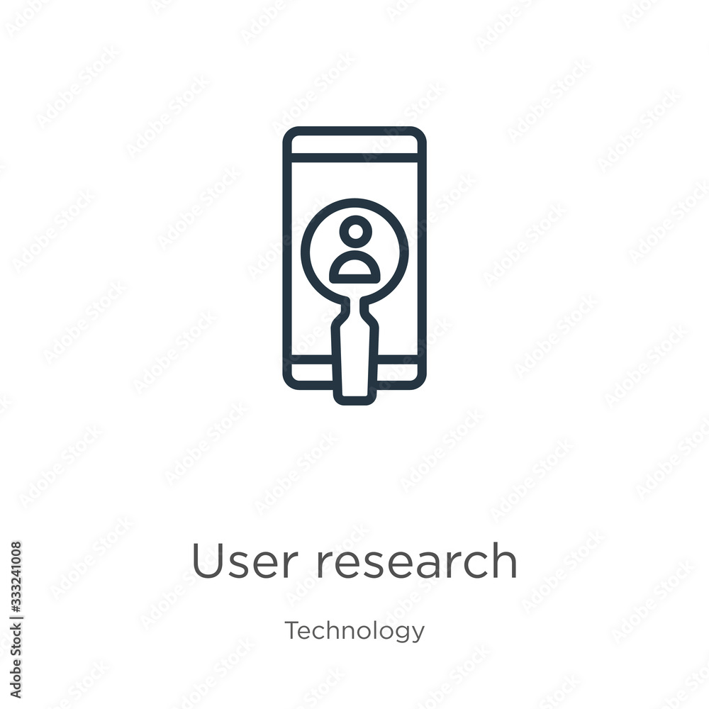 Poster user research icon. thin linear user research outline icon isolated on white background from technol