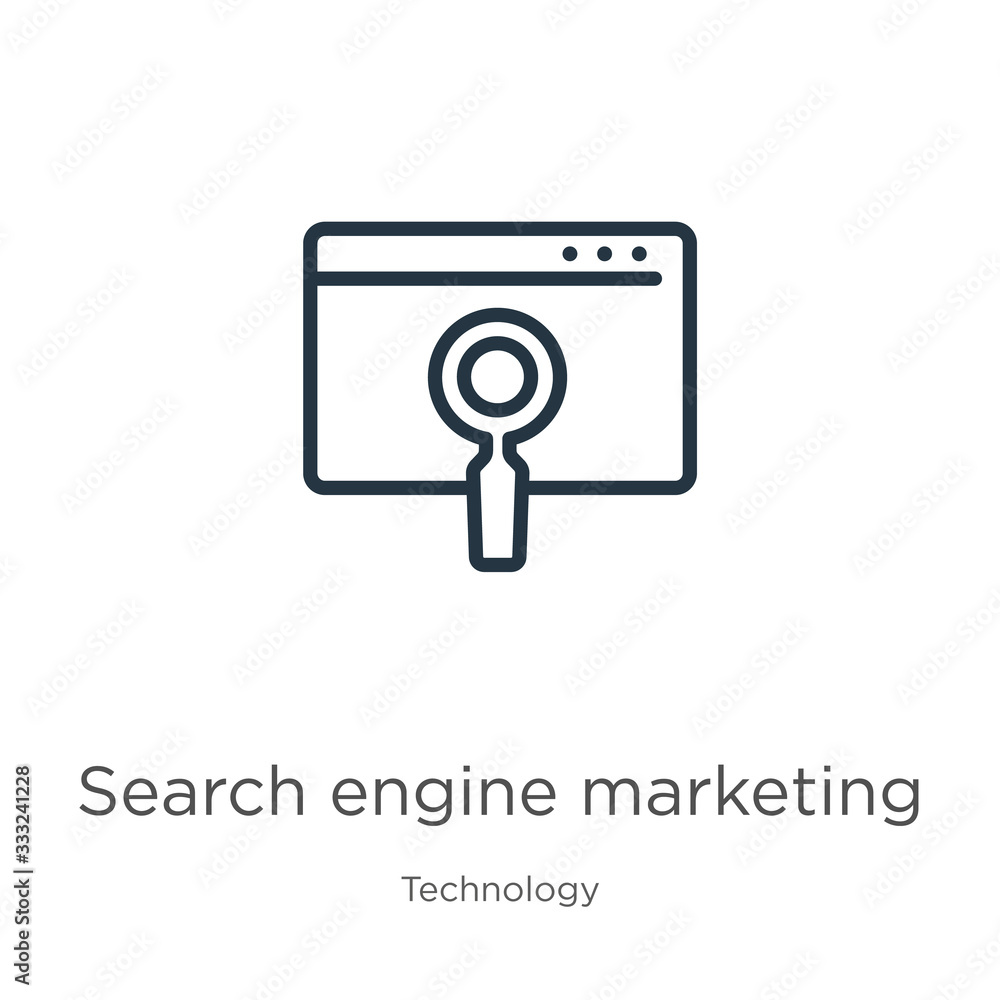 Aufkleber search engine marketing icon. thin linear search engine marketing outline icon isolated on white bac