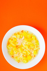 chicken soup vegetables healthy eating Menu concept. keto or paleo diet food background. top view copy space for text