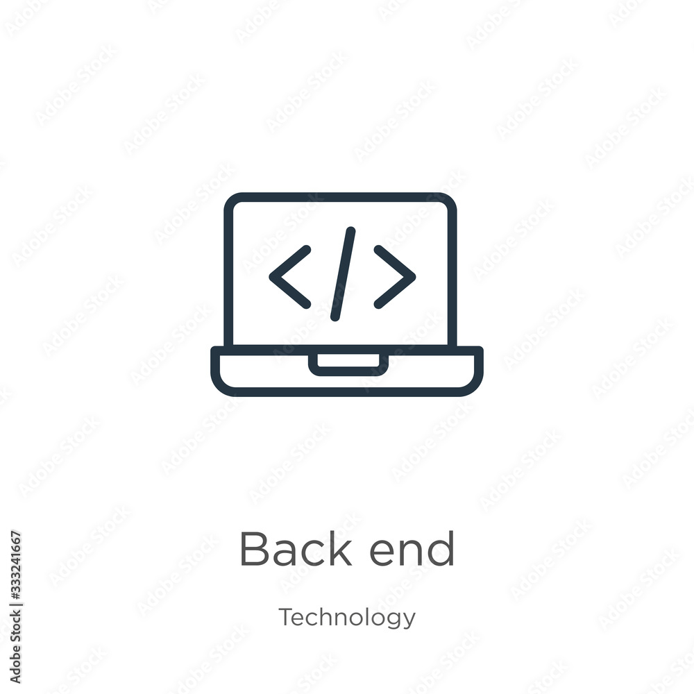 Poster back end icon. thin linear back end outline icon isolated on white background from technology collec