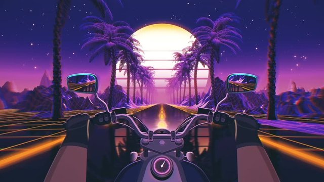 80s retro futuristic sci-fi seamless loop with motorcycle pov. Riding in retrowave VJ videogame landscape, neon lights and low poly grid. Stylized biker vintage vaporwave 3D animation background. 4K