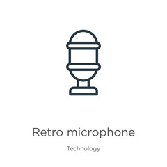 Retro microphone icon. Thin linear retro microphone outline icon isolated on white background from technology collection. Line vector sign, symbol for web and mobile