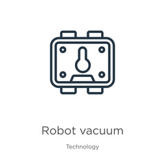 Robot vacuum icon. Thin linear robot vacuum outline icon isolated on white background from technology collection. Line vector sign, symbol for web and mobile