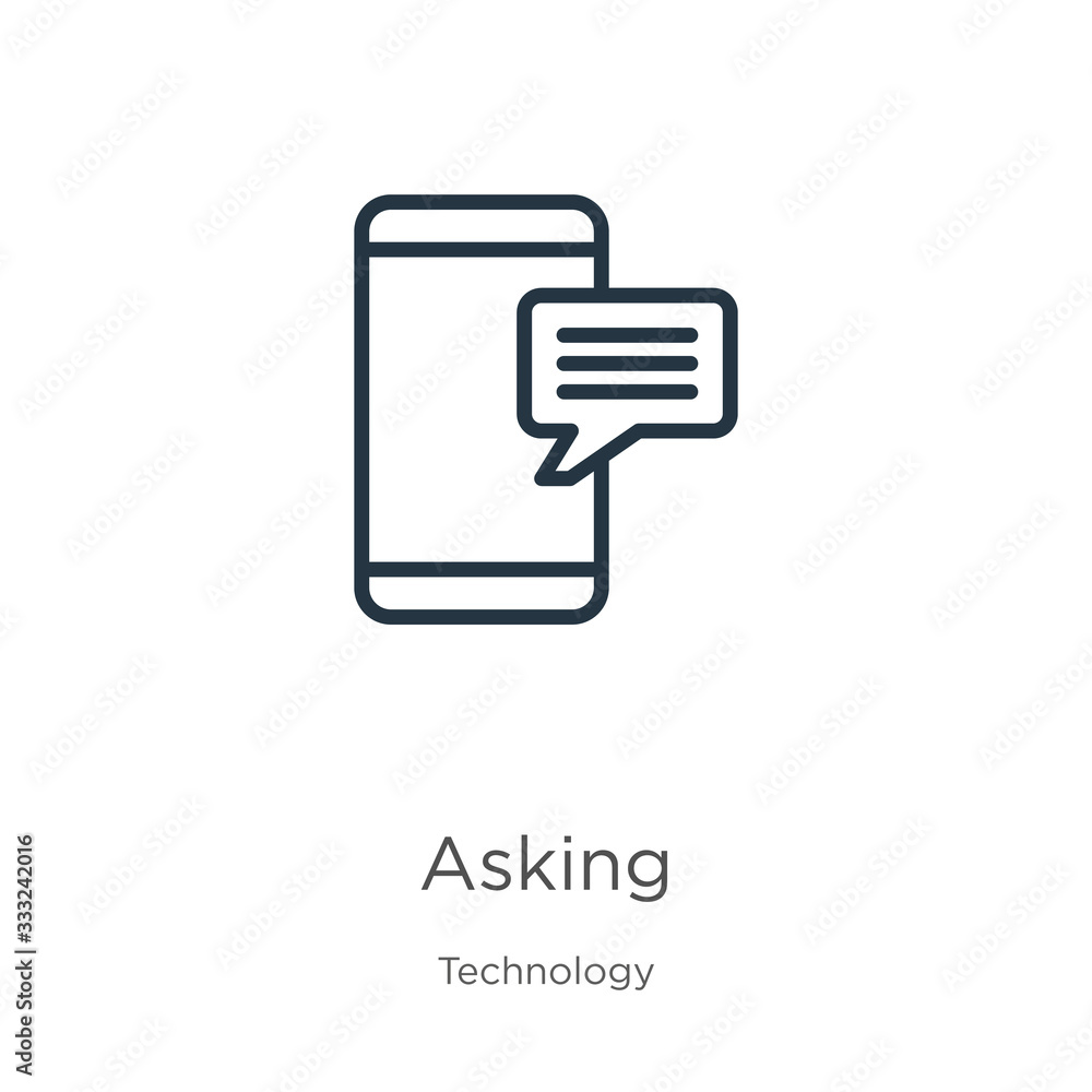 Poster asking icon. thin linear asking outline icon isolated on white background from technology collection