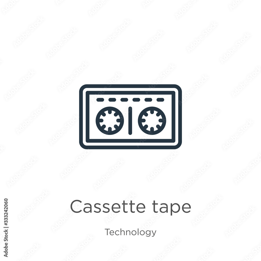 Poster cassette tape icon. thin linear cassette tape outline icon isolated on white background from technol