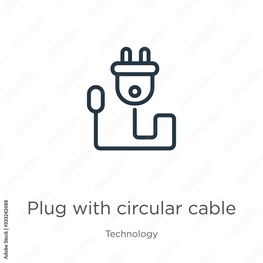 Poster plug with circular cable icon. thin linear plug with circular cable outline icon isolated on white b