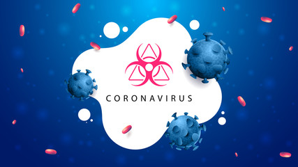 Blue and white background with liquid shapes, coronavirus molecules and biological hazard warning sign. Coronavirus COVID-2019. Coronavirus background in modern design with pink and blue molecules
